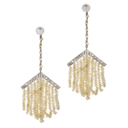 Victorian Antique Diamond and Natural Pearl Fringe Drop Earrings, pair of mid 19th century 14ct gold earrings with natural pearls and rose-cut diamonds. Circa 1870s
