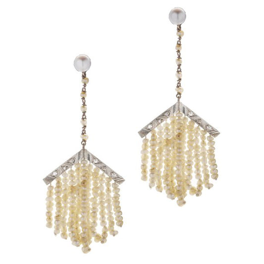 Victorian Antique Diamond and Natural Pearl Fringe Drop Earrings, pair of mid 19th century 14ct gold earrings with natural pearls and rose-cut diamonds. Circa 1870s