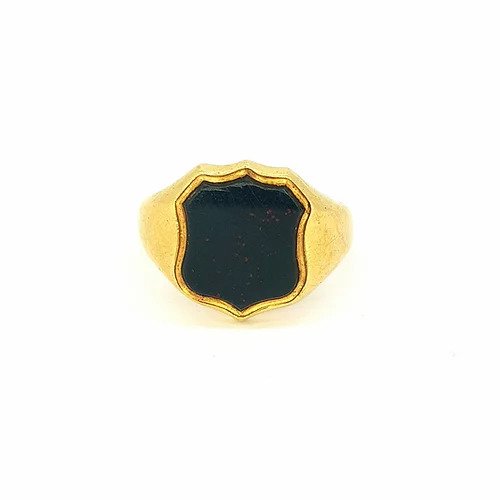 Vintage Bloodstone and 18ct Yellow Gold Signet Ring; featuring a carved bloodstone in a shield design enveloped by 18ct yellow gold