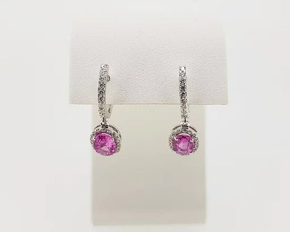 Pink Sapphire and Diamond Oval Cluster Drop Earrings; 2.01cts oval pink sapphires surrounded by diamonds, diamond set hoops, 18ct white gold