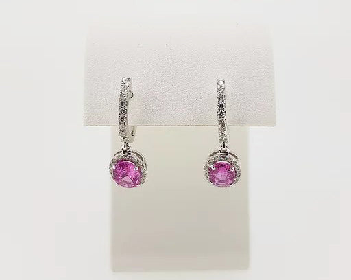 Pink Sapphire and Diamond Oval Cluster Drop Earrings; 2.01cts oval pink sapphires surrounded by diamonds, diamond set hoops, 18ct white gold