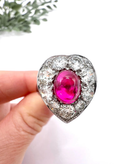Vintage 14ct White Gold, Cabochon Ruby Heart-Shaped Diamond Cluster Ring