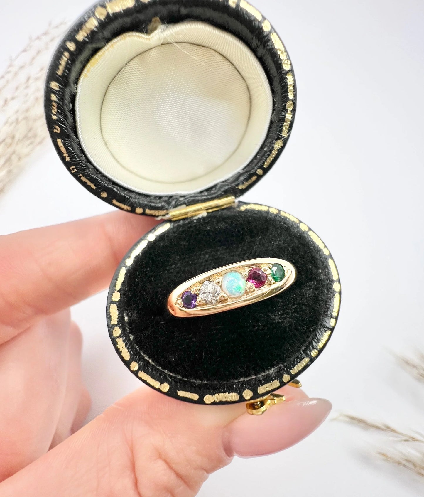 Antique 18ct Yellow Gold, Edwardian ADORE Amethyst, Diamond, Opal, Ruby & Emerald Boat Shaped Acrostic Ring, Hallmarked Birmingham