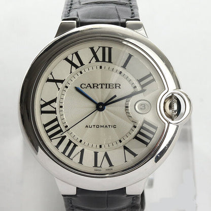 Cartier Ballon Bleu 18ct White Gold 42mm Automatic, silver colour guilloche dial, Roman numerals, blue steel hands, date indicator, sapphire crystal, sapphire cabochon crown, Cartier black leather strap with 18ct white gold deployment buckle, with Cartier box.