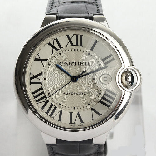 Cartier Ballon Bleu 18ct White Gold 42mm Automatic, silver colour guilloche dial, Roman numerals, blue steel hands, date indicator, sapphire crystal, sapphire cabochon crown, Cartier black leather strap with 18ct white gold deployment buckle, with Cartier box.