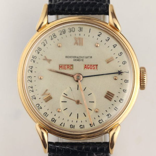Vacheron Constantin Vintage 1950s Manual 18ct Yellow Gold 36mm Triple Calendar Wristwatch, silver dial, weekday, month and date indicators, small second subdial and acrylic crystal, on black lizard strap