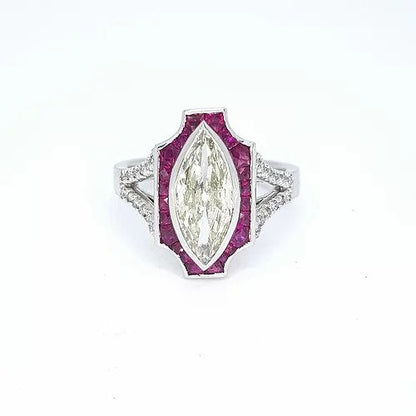 Art Deco Style Marquise Diamond and Ruby Plaque Ring; 1.60ct marquise-cut diamond surrounded by calibre cut rubies, diamond set split shoulders, in 18ct white gold, with certificate
