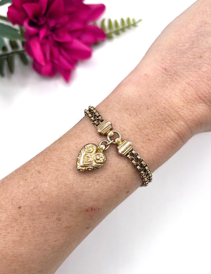 Antique 9 ct Gold, Victorian Belcher Link Heart And T-bar Albertina Bracelet