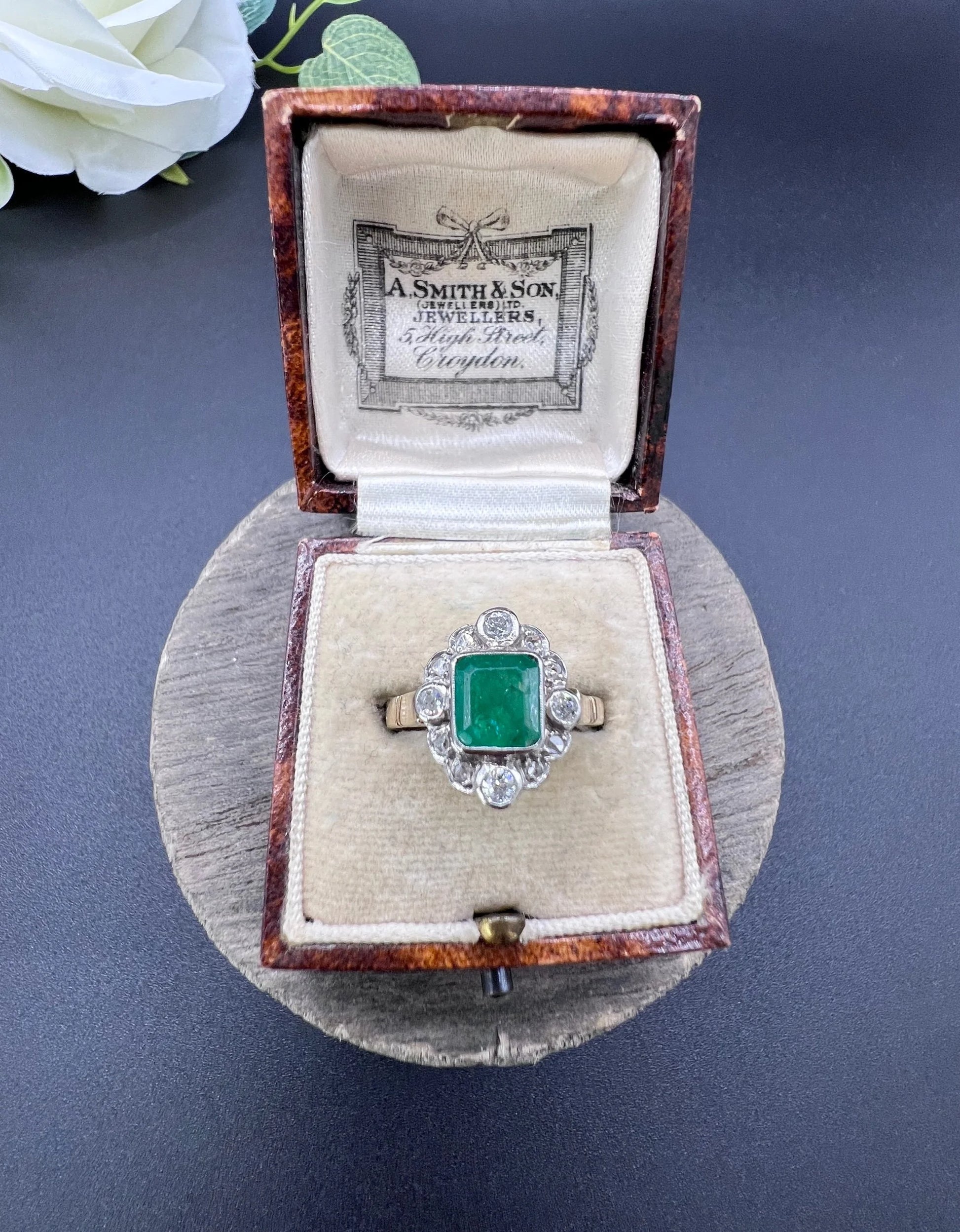 Vintage 18ct Gold, 1940s Emerald & Diamond Cluster Dress Ring
