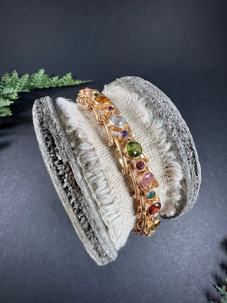 Vintage Aquamarine Peridot Citrine and Pink Tourmaline Harlequin Bracelet in 18ct Rose Gold