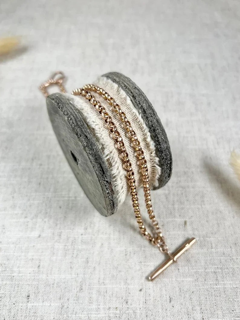 Antique 9ct Rose Gold, Edwardian Round Faceted Belcher Link Chain with Moveable T-bar
