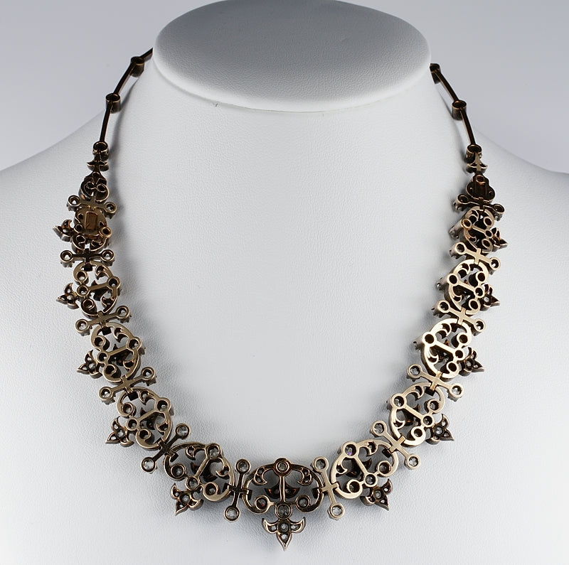 Victorian Antique French 12.20ct Old Mine Cut and Rose Cut Diamond Necklace come Bracelet in Silver and 18ct Rose Gold, Circa 1840