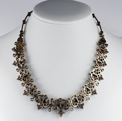 Victorian Antique French 12.20ct Old Mine Cut and Rose Cut Diamond Necklace come Bracelet in Silver and 18ct Rose Gold, Circa 1840
