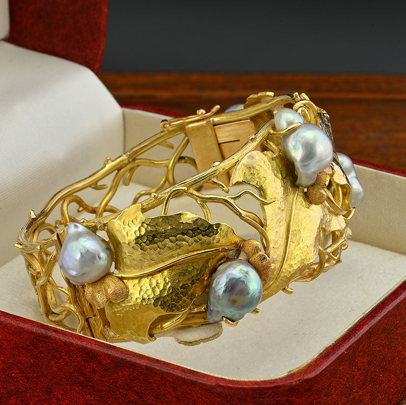 Vintage Cecconi Pearl and 18ct Yellow Gold Ivy Leaf Design Bangle Bracelet