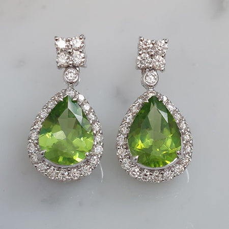 4.60ct Peridot and Diamond Pear Shaped Cluster Drop Earrings