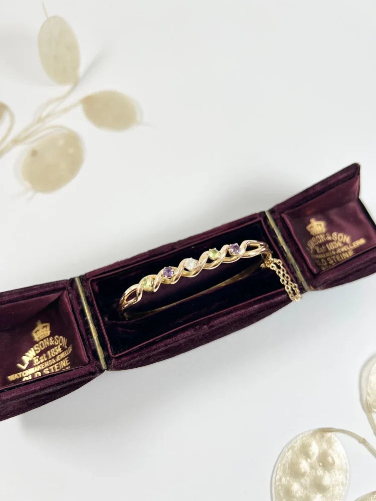 Antique 15 Carat Yellow Gold Suffragette Bangle with Amethyst, Peridot And Diamond Stones