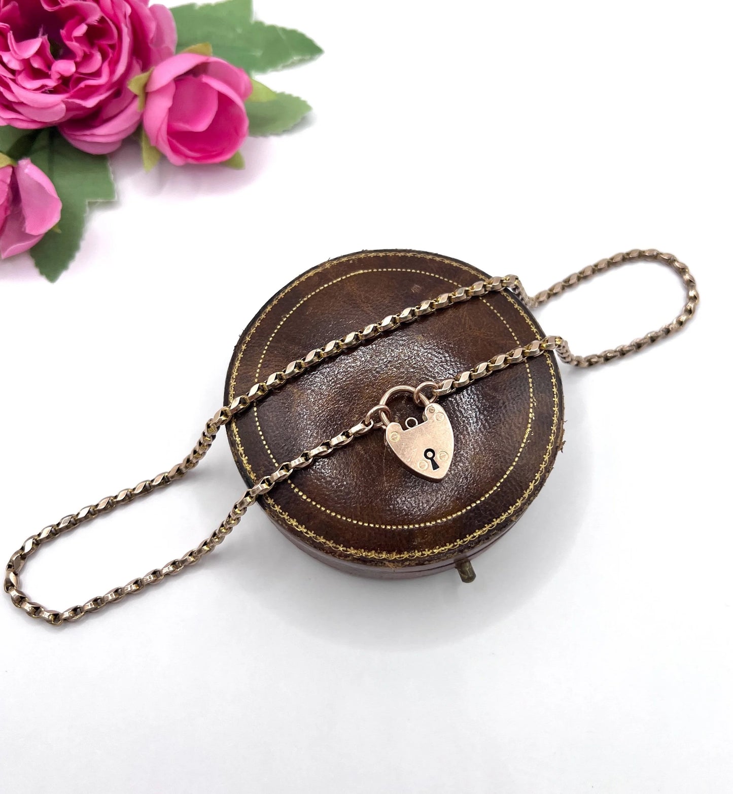 Antique 9 Carat Rose Gold Tulip Link Chain with Edwardian Heart Padlock Clasp
