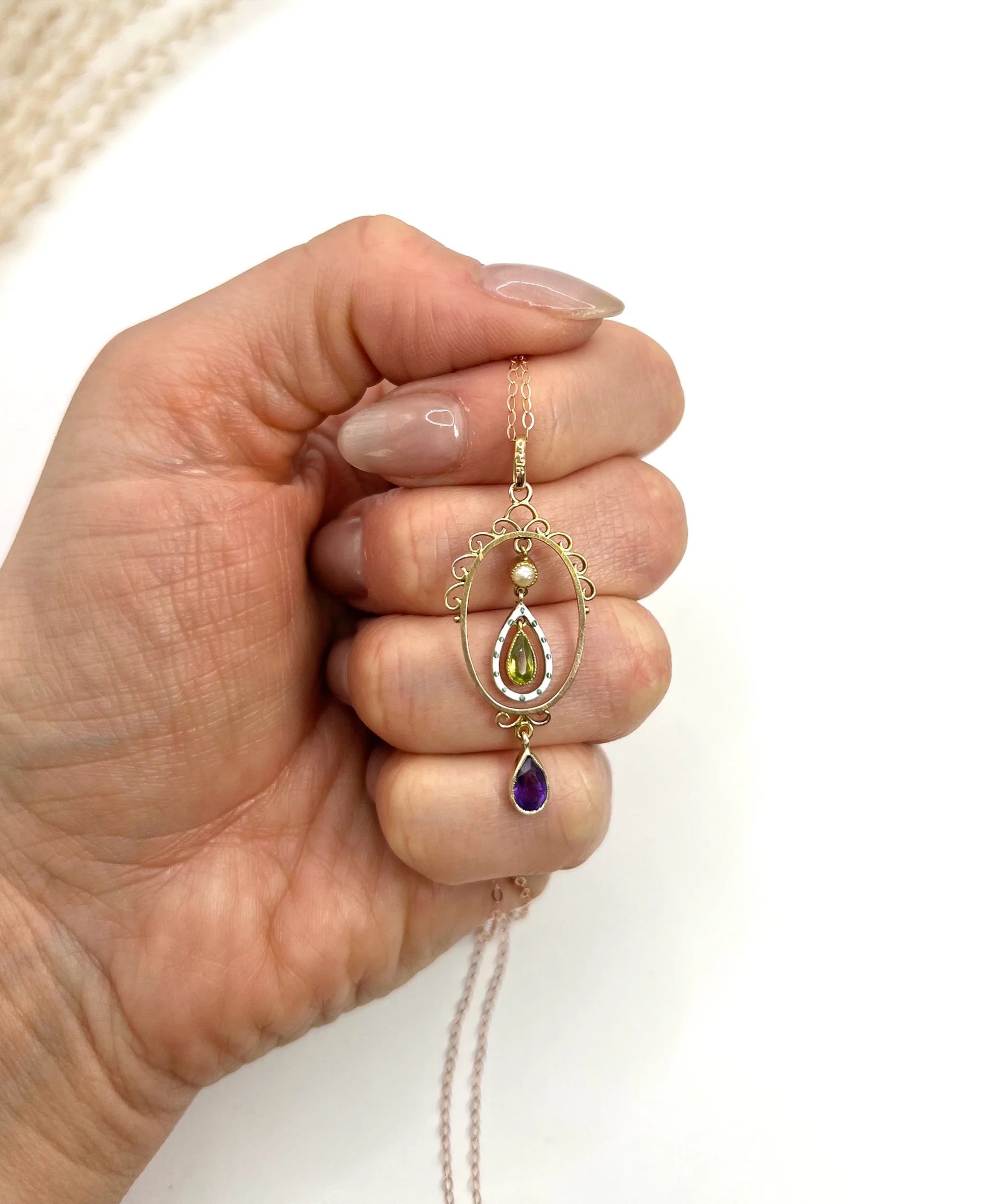 Antique 9 ct Gold, Edwardian Amethyst, Peridot, Seed Pearl And Enamel, Teardrop Suffragette Pendant Necklace