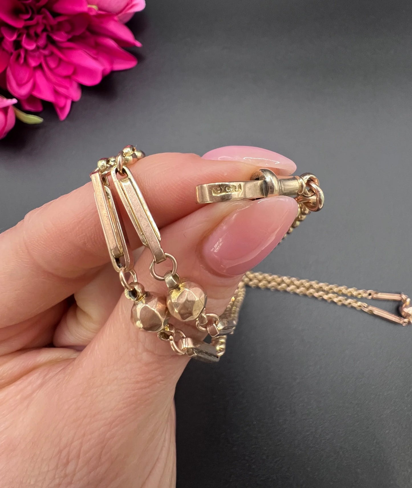 Antique 9ct Rose Gold, Edwardian Fancy Paperclip & Ball Link Belcher Chain 30 Inch