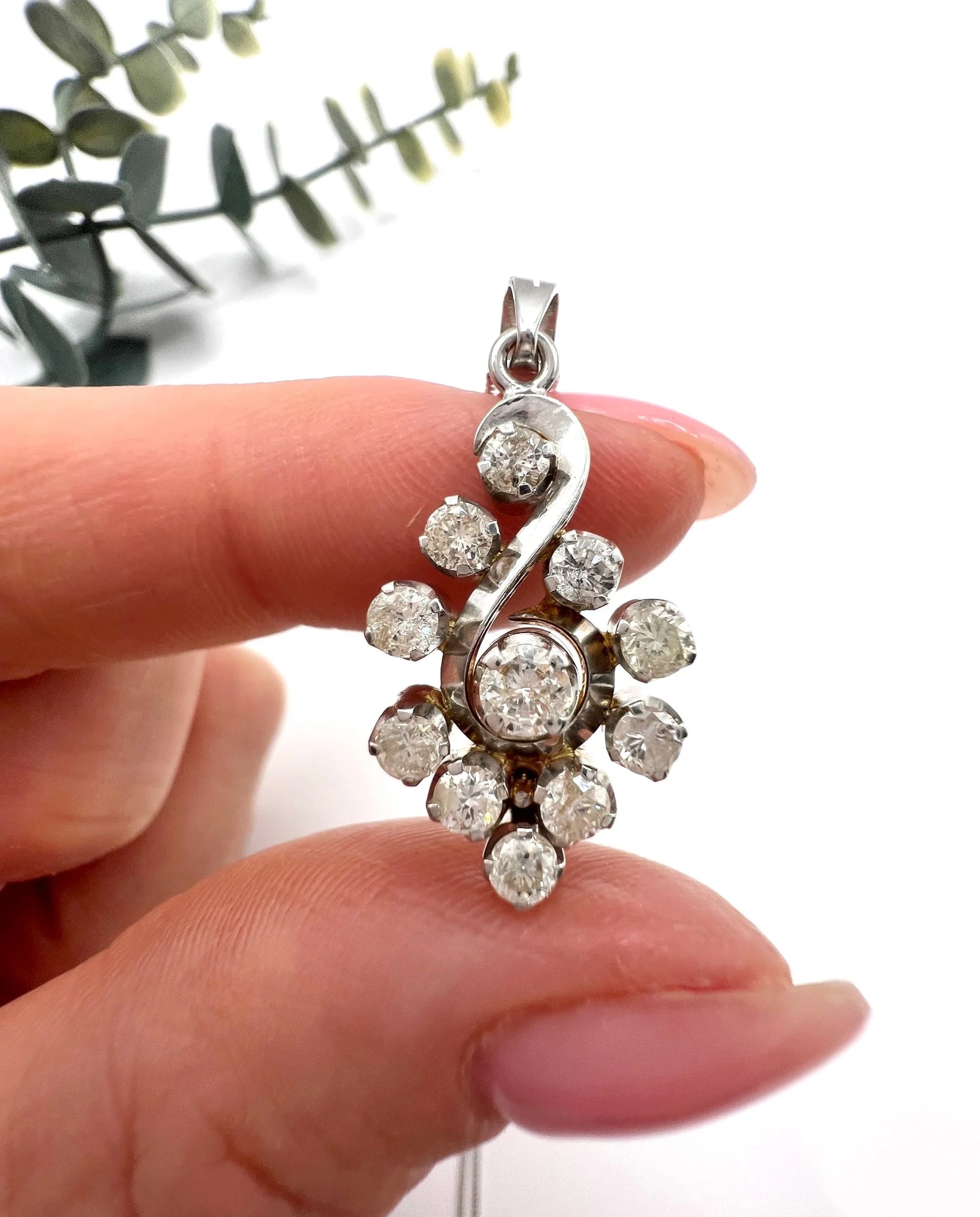 Vintage 18 Carat White Gold, 1980's 1.20 Carat Diamond Swirl Pendant Necklace