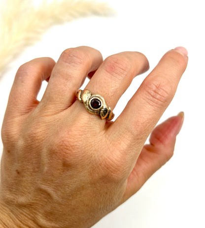 Edwardian 10 Carat Rose Gold Garnet Double-Headed Snake Ring, Circa 1910