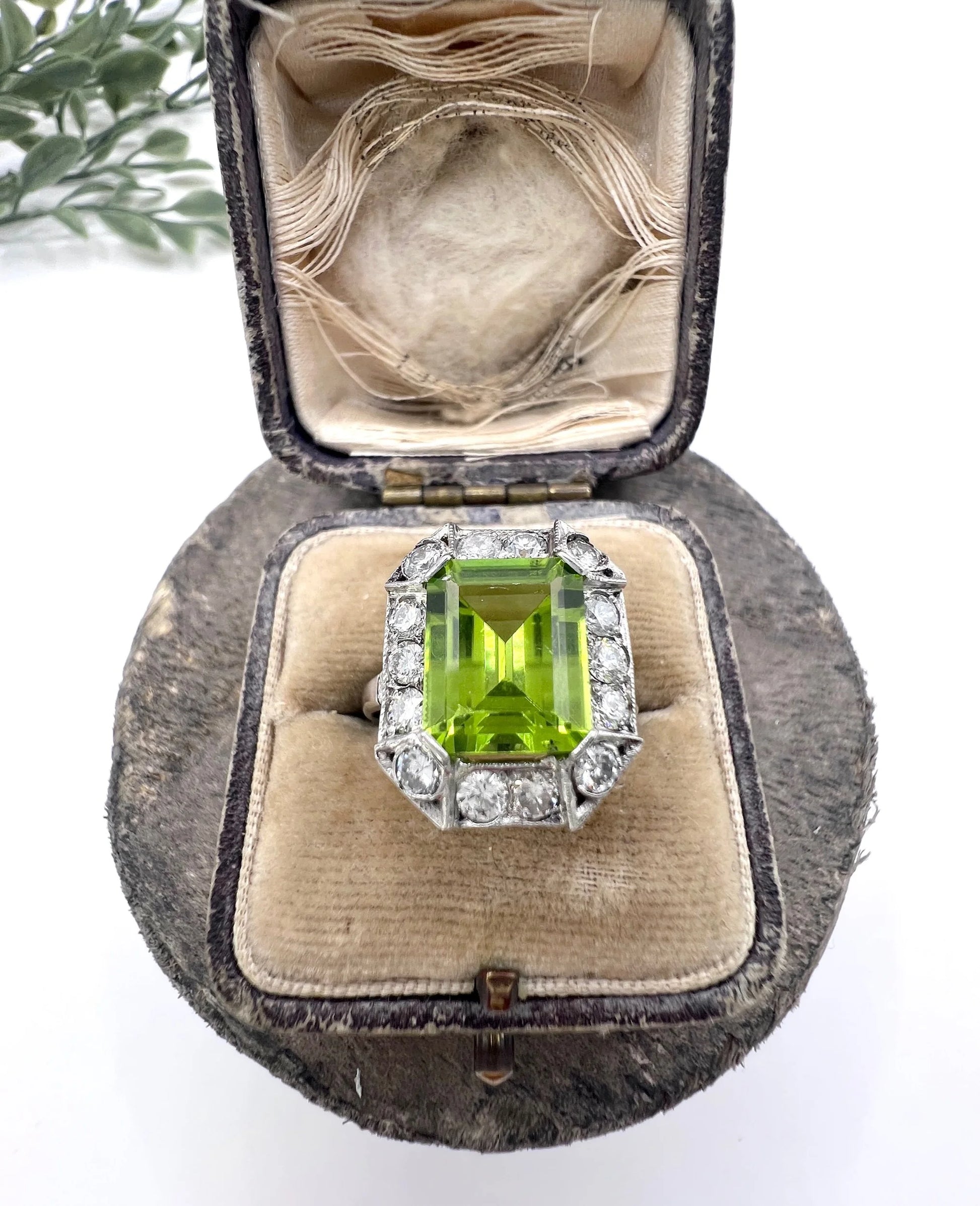 Antique 18ct White Gold & Platinum, 1920s Peridot and Diamond Rectangular Halo Cluster Ring