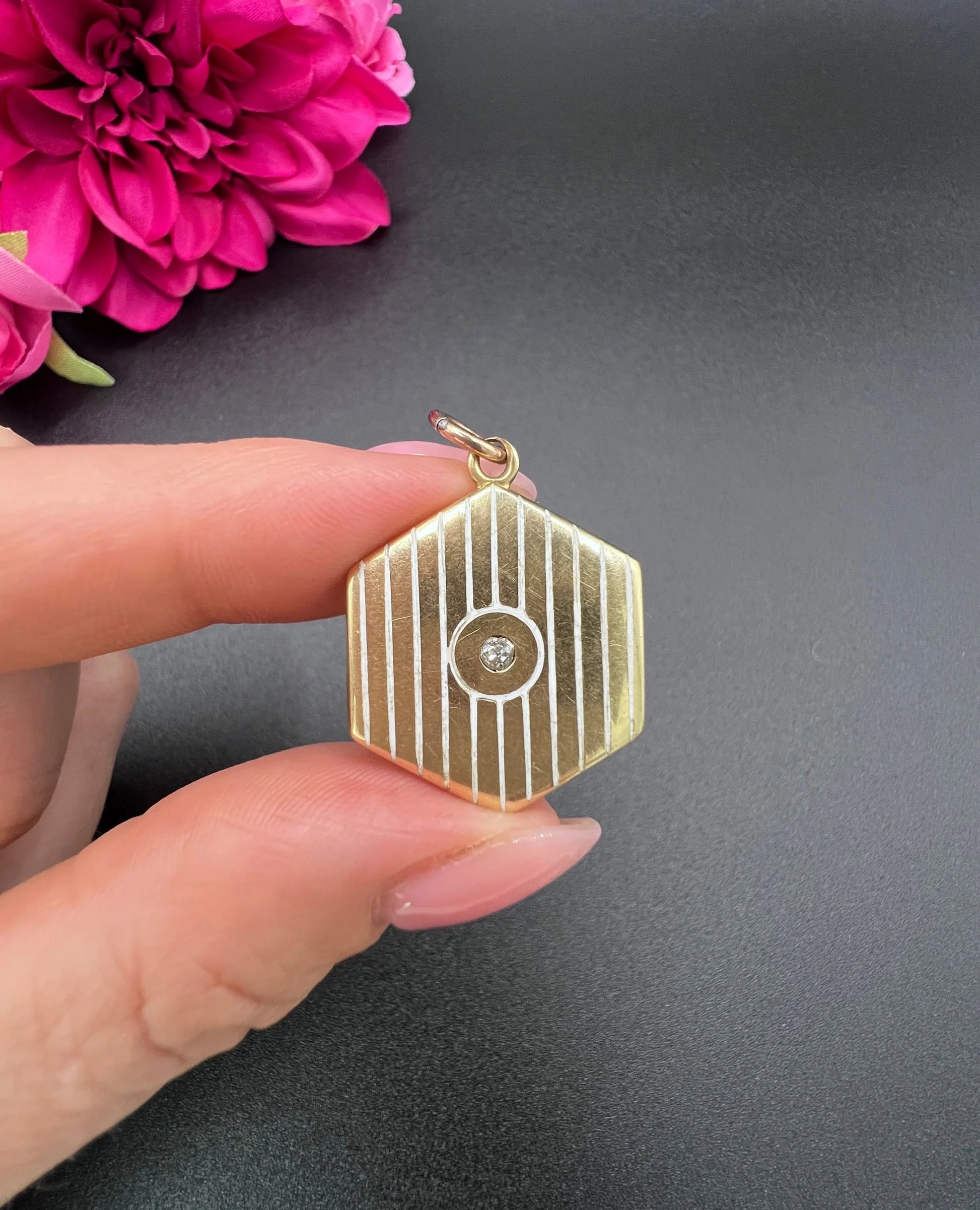 Antique 15ct Yellow Gold, Edwardian era White Enamel Hexagonal Locket