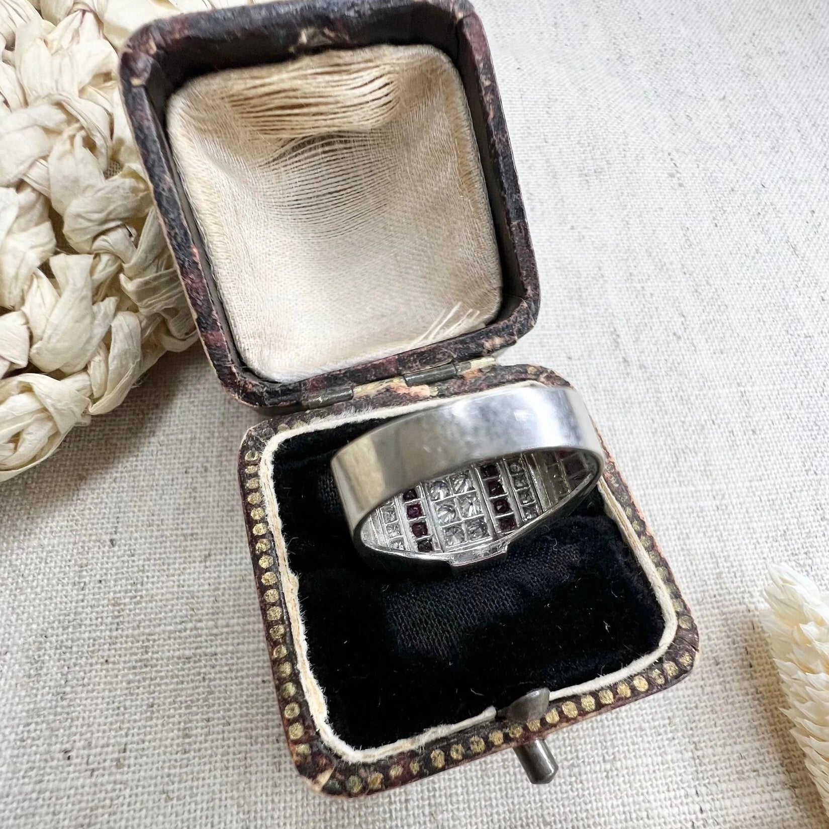 Art Deco Ruby and Diamond Plaque Cluster Tank Ring in Platinum