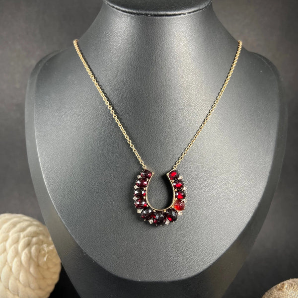 Victorian Antique Garnet and Diamond Horseshoe Pendant Necklace in Rose Gold