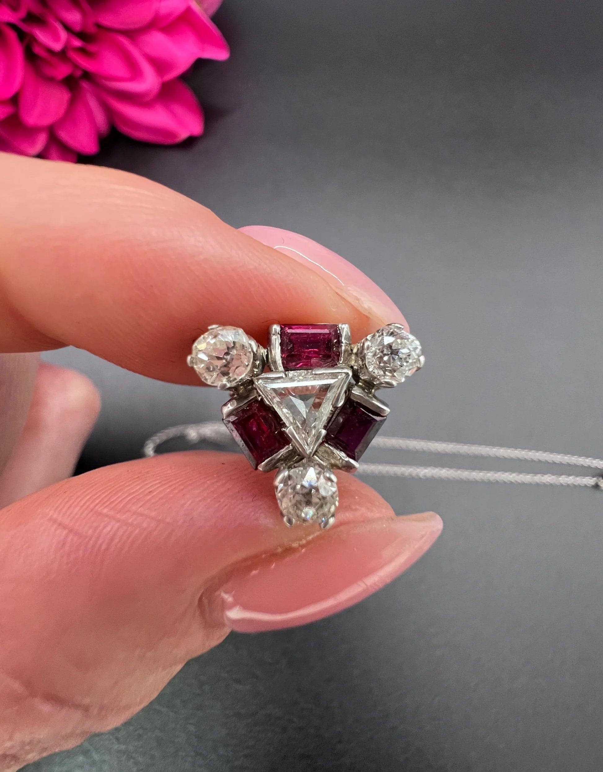 Vintage 18ct White Gold, 1930s Ruby & Diamond Pendant Necklace