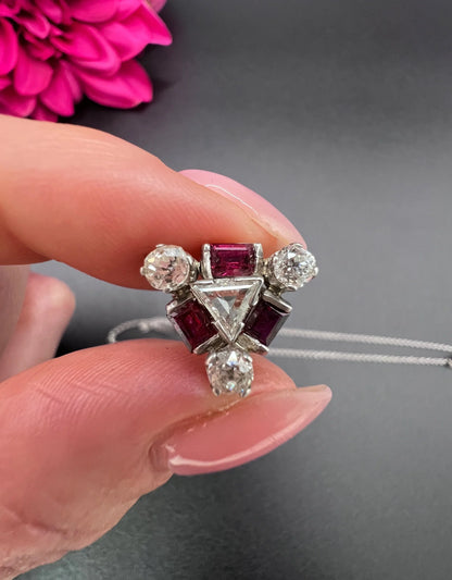 Vintage 18ct White Gold, 1930s Ruby & Diamond Pendant Necklace
