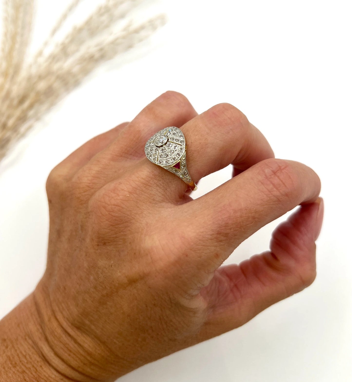 Antique 18 Carat Gold, Platinum, Diamond and Ruby Bombé Ring, Circa 1910