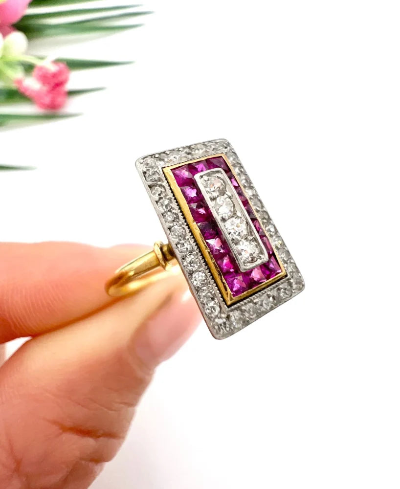 Art Deco Diamond and Ruby Cluster Tablet Ring