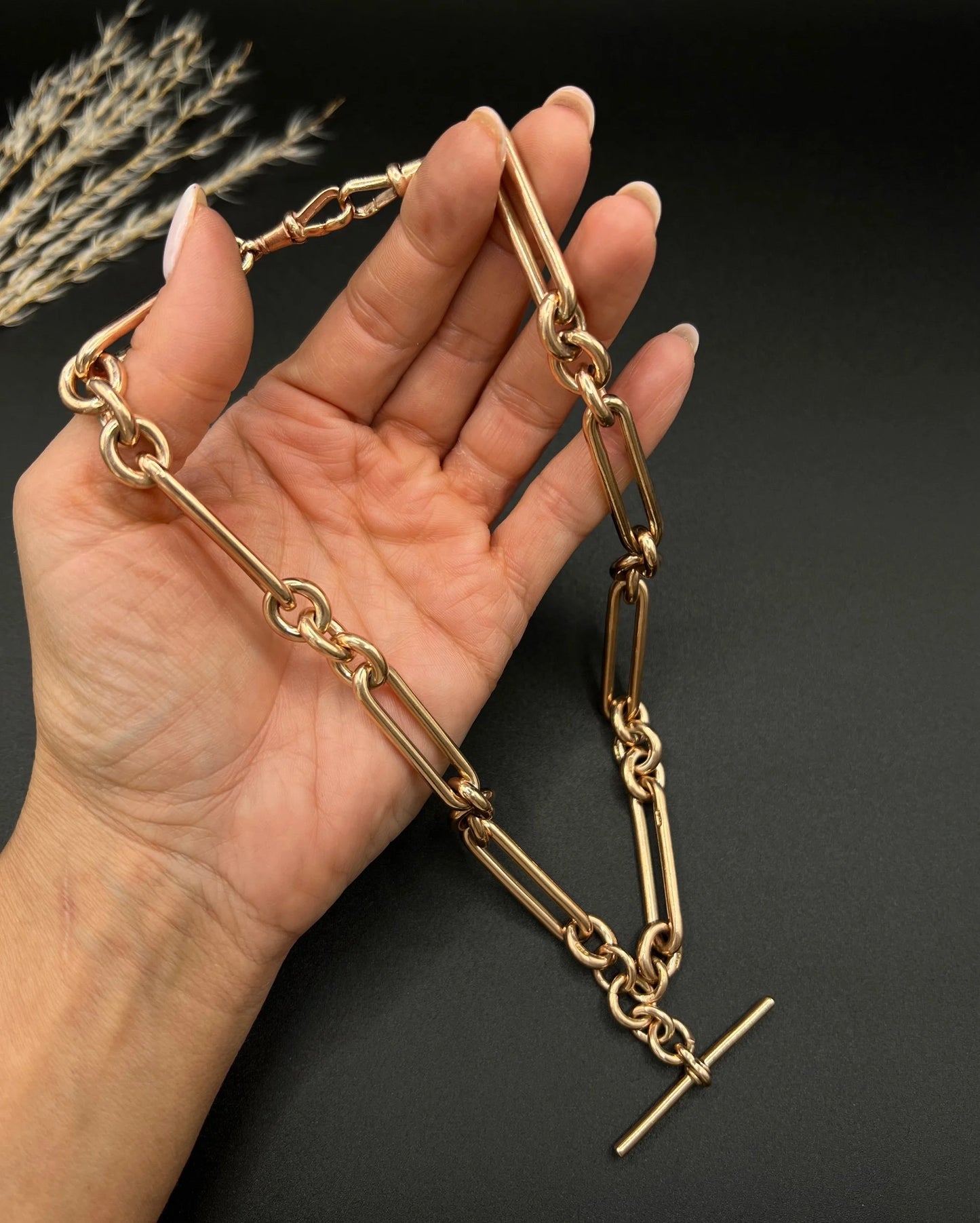 Antique 9ct Rose Gold Fetter Trombone Link Albert Chain Necklace