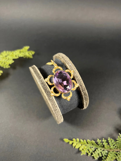 Antique 15 ct Yellow Gold, Edwardian Large Oval Faceted Amethyst And Seed Pearl Pendant