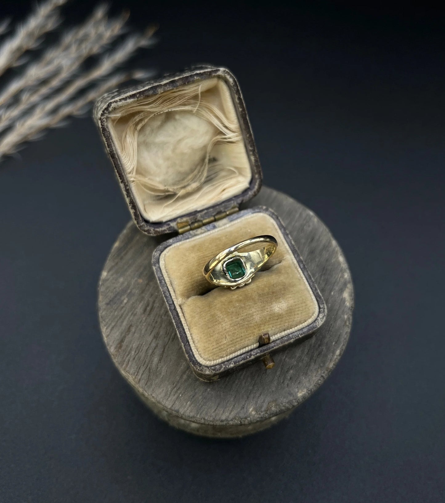 Victorian 18 Carat Yellow Gold Emerald and Diamond Square Cluster Ring, Circa 1860