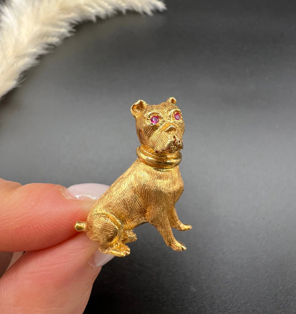 Vintage 18 Carat Yellow Gold Ruby Eyed Dog Brooch, Circa 1970