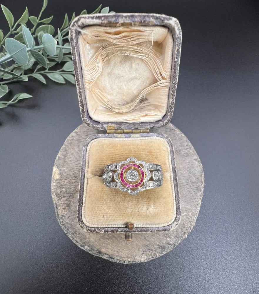 Antique 18 Carat Yellow Gold And Platinum Cocktail Ring With Diamonds And Rubies