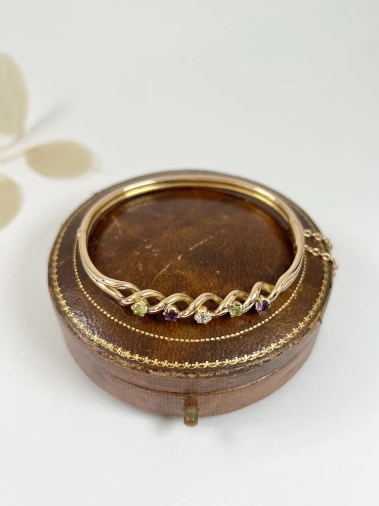 Antique 15 Carat Yellow Gold Suffragette Bangle with Amethyst, Peridot And Diamond Stones