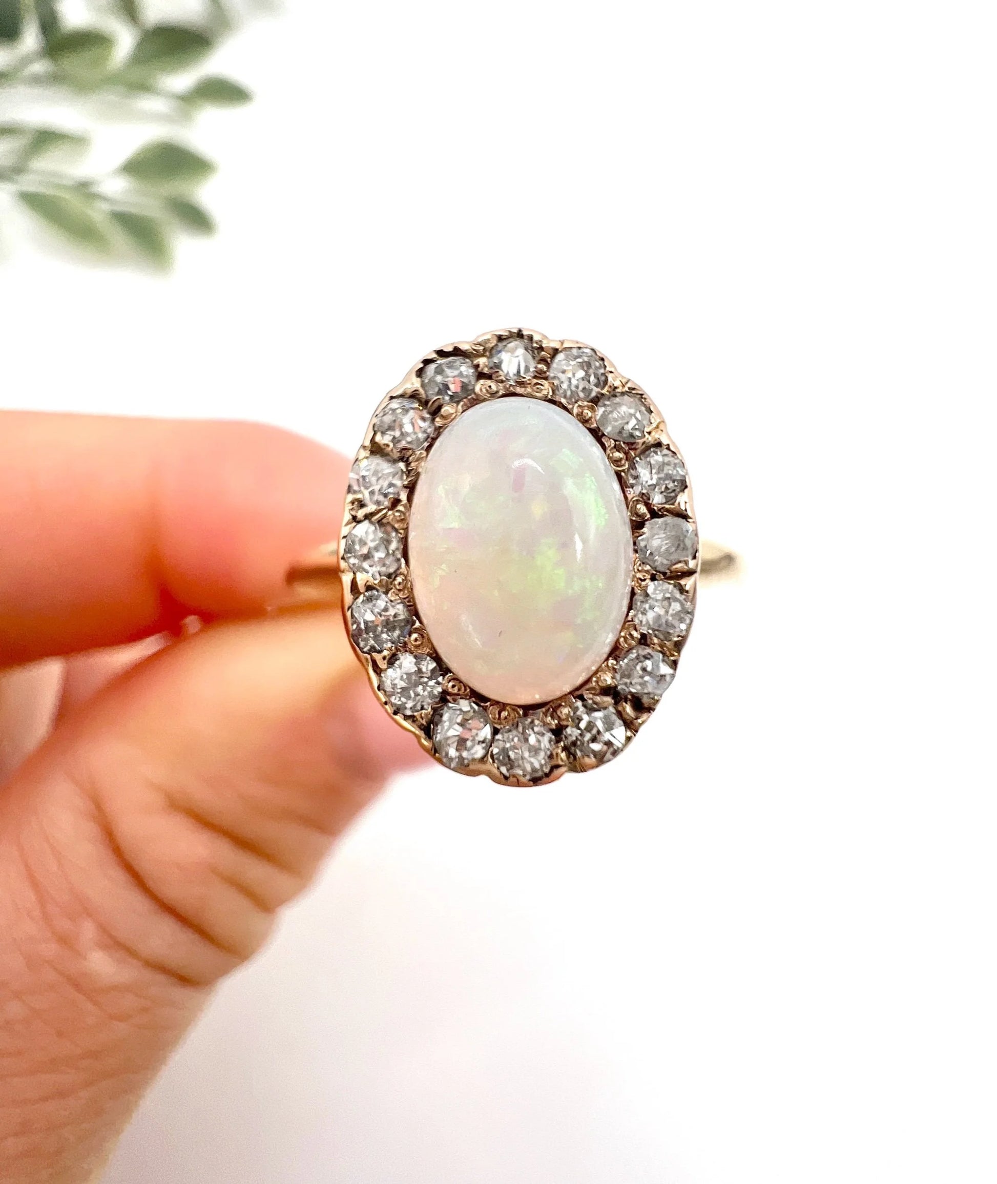 Antique 10 Carat Yellow Gold Victorian Opal And Diamond Cluster Ring