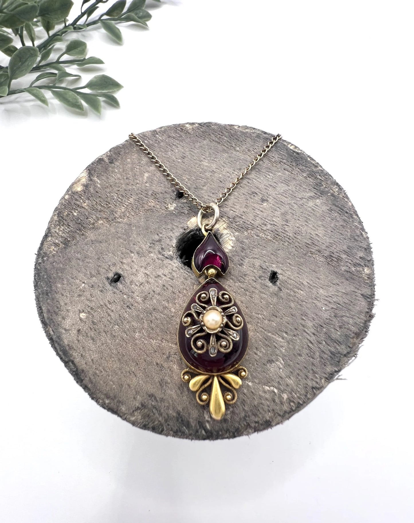Victorian 15 Carat Gold Cabochon Garnet, Diamond and Seed Pearl Pendant, Circa 1860
