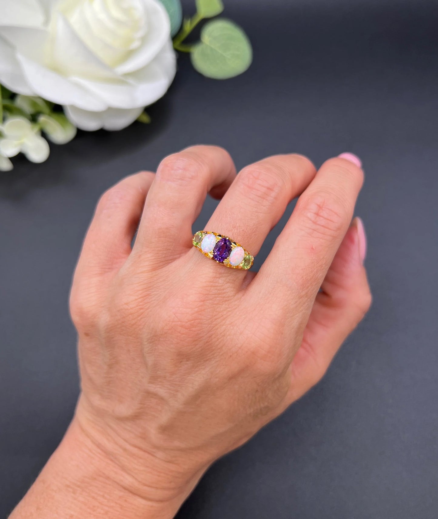 Antique 18 ct Gold, Amethyst, Opal And Peridot Suffragette Ring