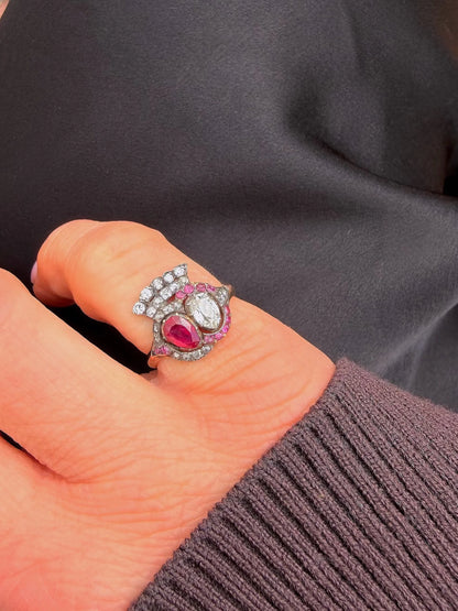 Georgian Gold Natural Ruby and Diamond Cluster Ring