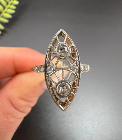 Antique 18 ct Gold And Platinum Open Work Diamond Marquise/Navette Shaped Ring
