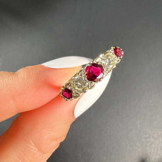 Vintage 18 Carat Yellow Gold Ruby and Diamond Carved Ring, Circa 1980