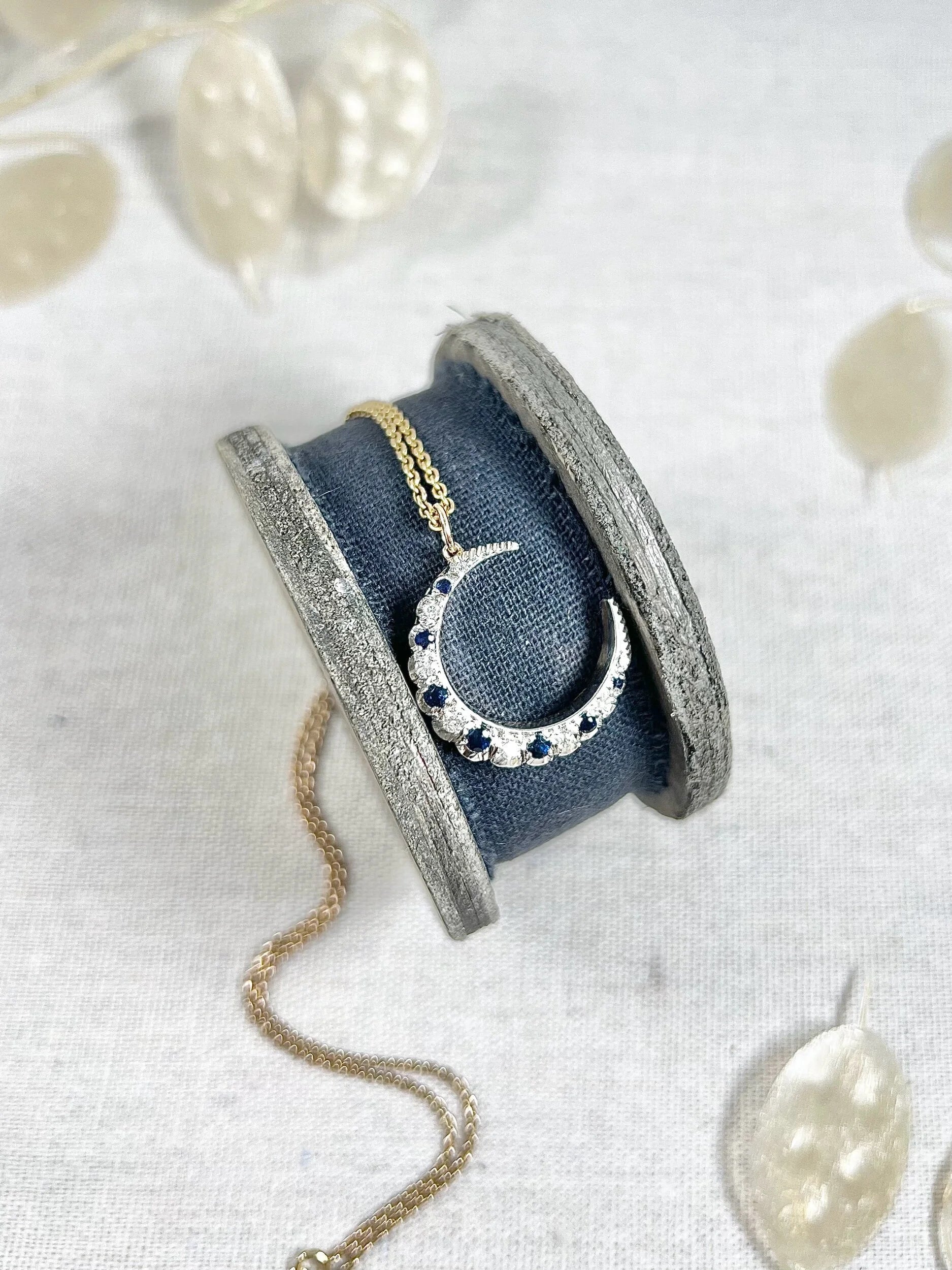 Victorian 9 Carat Gold, Silver, Sapphire and Diamond Crescent Moon Pendant