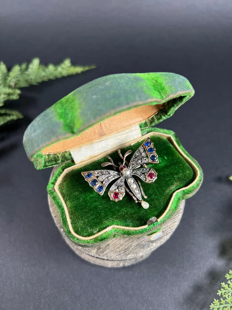 Antique Butterfly Brooch in 18 Carat Rose Gold And Silver With Gemstones