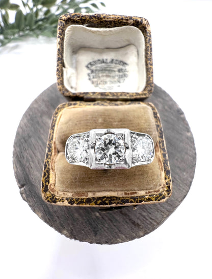 Antique Art Deco Platinum Three Stone Diamond Ring, 1.20 Carats, Circa 1920