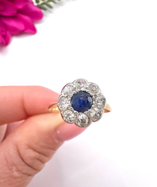 Antique 18 ct Yellow Gold And Platinum, Edwardian Sapphire And Diamond Daisy Cluster Ring