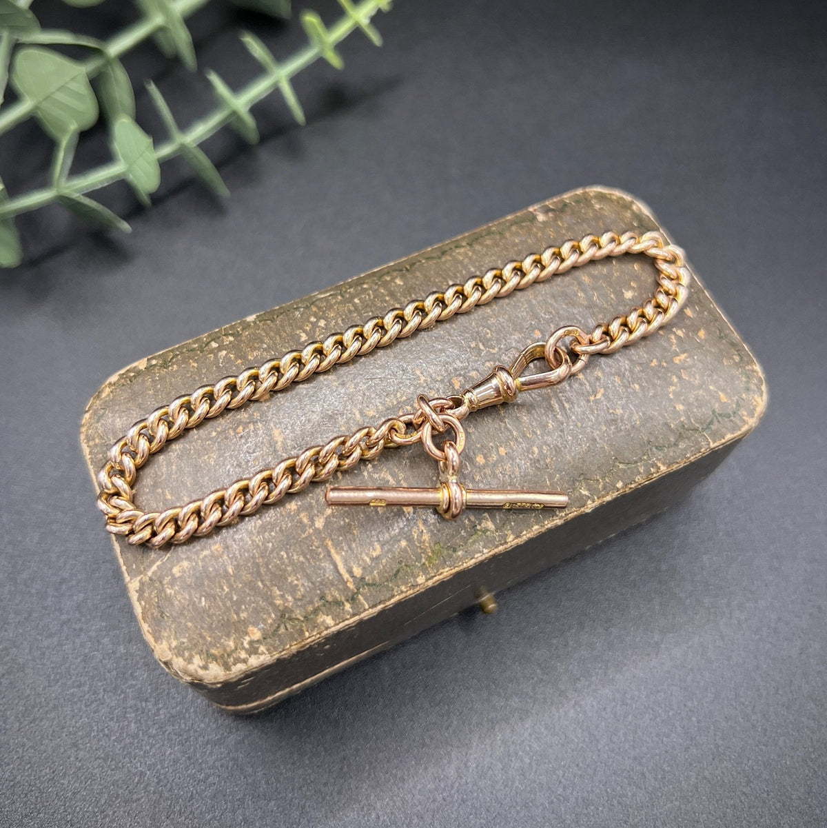 Vintage Antique 9ct Rose Gold Curb Link Albert Bracelet, Birmingham 1929